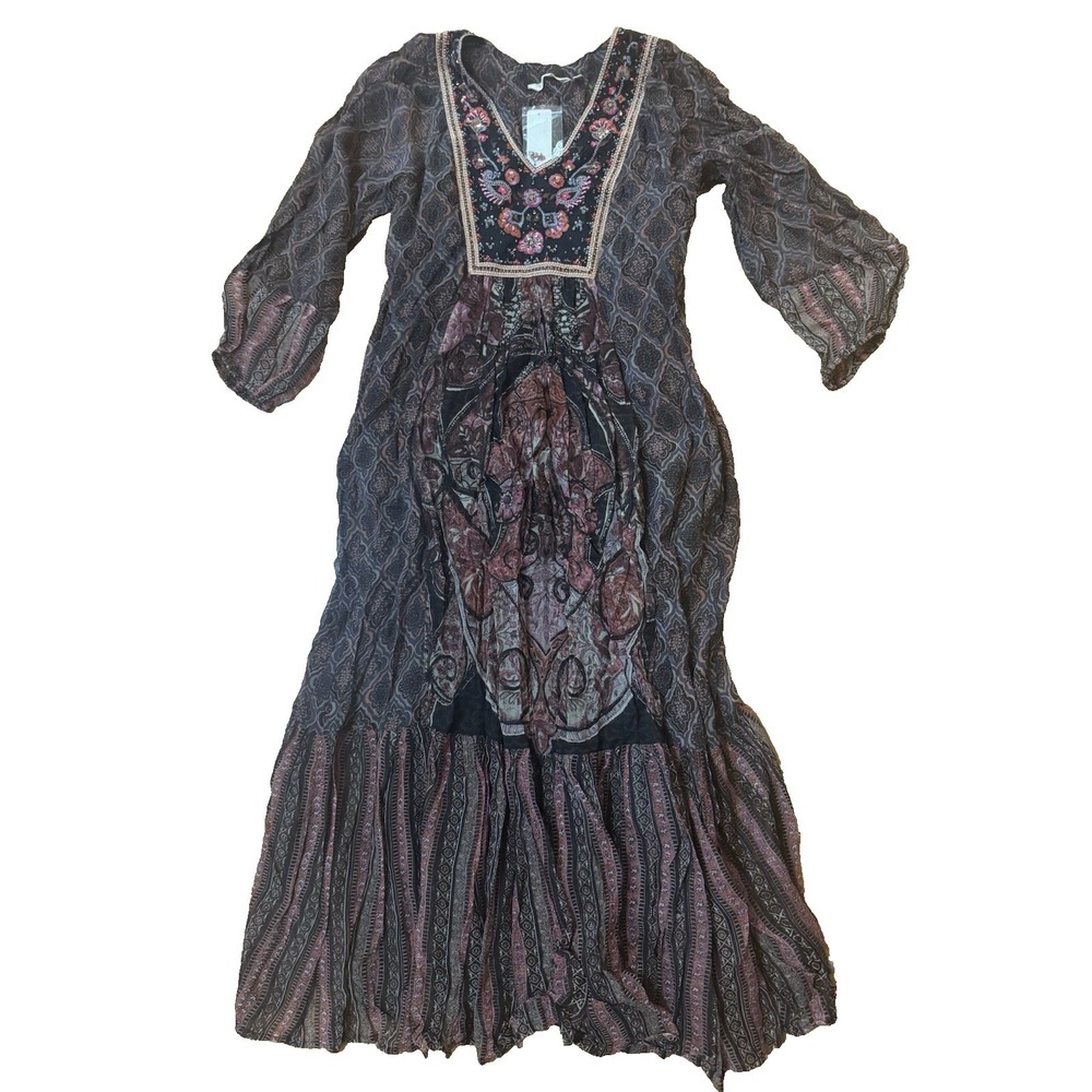 Soft Surroundings Sz‎ S Mosaic Boho Beaded Embroidered Peasant Floral Maxi Dress